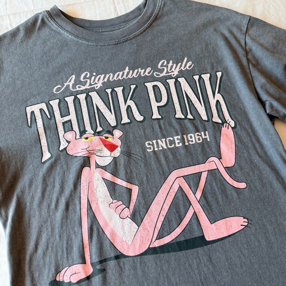 Pink Panther Think Pink Since 1964 Washed Grey Graphic T-Shirt Tee Size XS